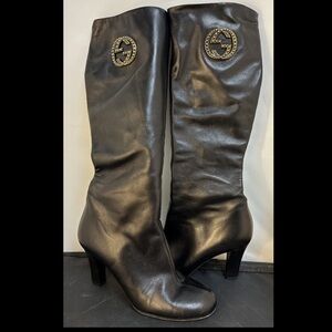 Gucci Black Leather Interlocking G Knee Length Boots Size 38 / 7.5